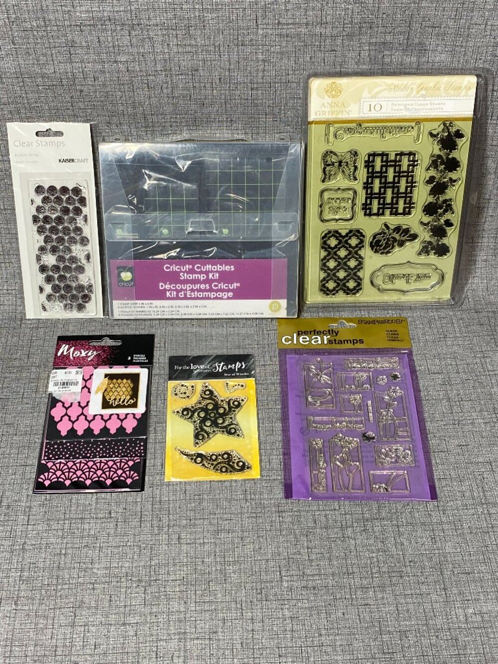 NEW Cricut Cuttables Stamp kit 6pc Lot W/ Stencils Anna Griffin Hunkydory Clear
